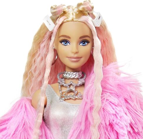 Barbie Extra Doll & Accessories with Pink-Streaked Blonde Crimped Hair in Fluffy Pink Coat with Pet Unicorn-Pig in Saudi Arabia