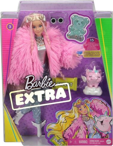 Barbie Extra Doll & Accessories with Pink-Streaked Blonde Crimped Hair in Fluffy Pink Coat with Pet Unicorn-Pig in Saudi Arabia