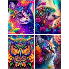 4 Pack 5D Diamond Painting Kits for Adults, Animal Diamond Art Kits Cat Full Drill Diamond Dots Paint with Diamonds Hedgehog Owl Pictures Arts and Crafts for Adults Beginner Kids 11.8''x15.8'' in Kuwait