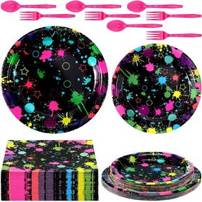 Jetec 240 Pcs Neon Party Rainbow Birthday Party Supplies Neon and Rainbow Glow Party Plates and Napkins Tableware for 40 Guests, 7" 9" Plate for Glow Birthday Party Decoration(Fluorescent Style)