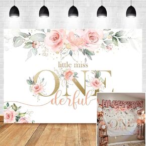 Avezano Miss Onederful Birthday Backdrop Pink Floral 1st Birthday Backdrop Sweet Baby Girl First Birthday Party Decoration Banner (7x5ft)