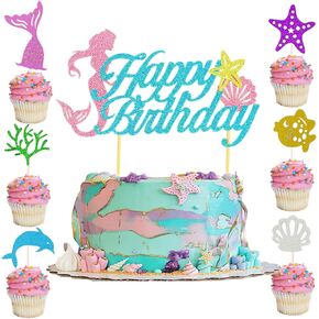 SMENGGIL حورية البحر عيد ميلاد كعكة القبعات العالية عيد ميلاد سعيد كعكة توبر نجم البحر قذيفة كب كيك القبعات العالية كعكة عيد ميلاد زينة لوازم للأطفال الفتيات تحت البحر حورية البحر الصغيرة تحت عنوان ديكور عيد ميلاد in Kuwait