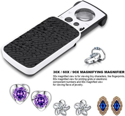عدسة مكبرة بلونين 30X / 60X / 90X، مكبر بصري للمجوهرات، أداة مجوهرات LED عدسة مكبرة للقراءة، عدسة مكبرة محمولة لإصلاح ساعات المجوهرات (أسود) in Kuwait