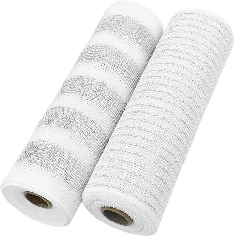 2 لفات من شبكة ديكو لعيد الميلاد، 10 ياردات فضية وبيضاء معدنية من شريط شبكي بولي لأكاليل الزهور، شريط شبكي لشجرة عيد الميلاد، إكليل، ديكور المنزل إكليل in Kuwait