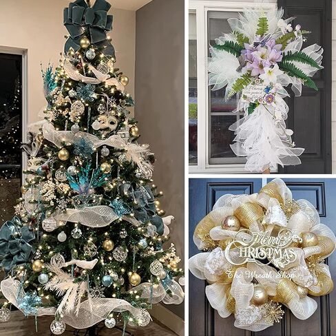 2 لفات من شبكة ديكو لعيد الميلاد، 10 ياردات فضية وبيضاء معدنية من شريط شبكي بولي لأكاليل الزهور، شريط شبكي لشجرة عيد الميلاد، إكليل، ديكور المنزل إكليل in Kuwait
