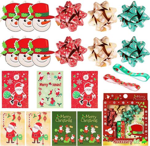 21 قطعة من أقواس وشريط تغليف هدايا عيد الميلاد، 6 أقواس عيد الميلاد، شريطين هدايا عيد الميلاد، 6 بطاقات هدايا، 6 بطاقات عيد الميلاد، ملصق واحد لديكورات هدايا عيد الميلاد (مع صندوق هدايا أحمر) in Kuwait
