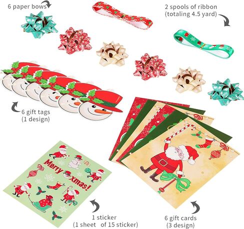 21 قطعة من أقواس وشريط تغليف هدايا عيد الميلاد، 6 أقواس عيد الميلاد، شريطين هدايا عيد الميلاد، 6 بطاقات هدايا، 6 بطاقات عيد الميلاد، ملصق واحد لديكورات هدايا عيد الميلاد (مع صندوق هدايا أحمر) in Kuwait