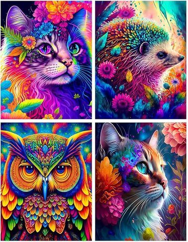 4 Pack 5D Diamond Painting Kits for Adults, Animal Diamond Art Kits Cat Full Drill Diamond Dots Paint with Diamonds Hedgehog Owl Pictures Arts and Crafts for Adults Beginner Kids 11.8''x15.8'' in Kuwait