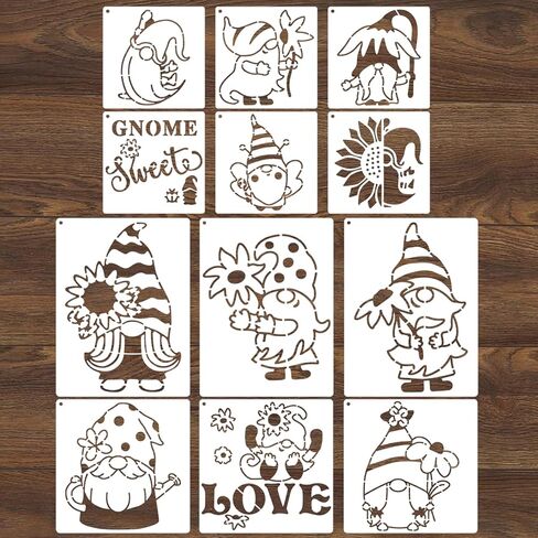 12pcs Gnomes Stencils Painting Reusable Gnome Sunflower Paint Stencil DIY Crafts Small Dwarf Decoration Stencil for Painting on Wall and Wood Sign in Kuwait