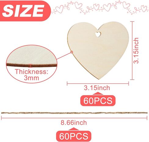 Qfeley 60 قطعة خشبية الحب على شكل قلب، قطع خشبية غير منتهية مع فتحات خشبية فارغة معلقة القلب الحلي مع خيط طبيعي للحفلات المنزل عيد الميلاد عيد الحب in Kuwait