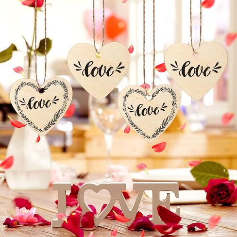 Qfeley 60 قطعة خشبية الحب على شكل قلب، قطع خشبية غير منتهية مع فتحات خشبية فارغة معلقة القلب الحلي مع خيط طبيعي للحفلات المنزل عيد الميلاد عيد الحب in Kuwait