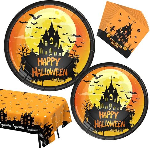 لوازم حفلات الهالوين تخدم 24، ديكورات حفلات الهالوين أحادية الاستخدام تتضمن أطباق هالوين ومناديل، مفرش مائدة، خلفية، ديكورات هالوين داخلية وخارجية in Kuwait