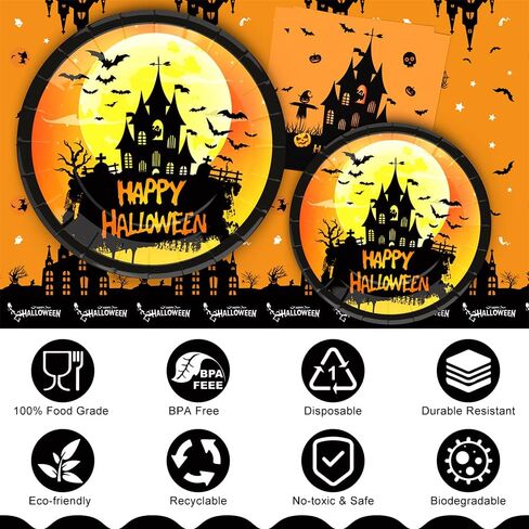 لوازم حفلات الهالوين تخدم 24، ديكورات حفلات الهالوين أحادية الاستخدام تتضمن أطباق هالوين ومناديل، مفرش مائدة، خلفية، ديكورات هالوين داخلية وخارجية in Kuwait