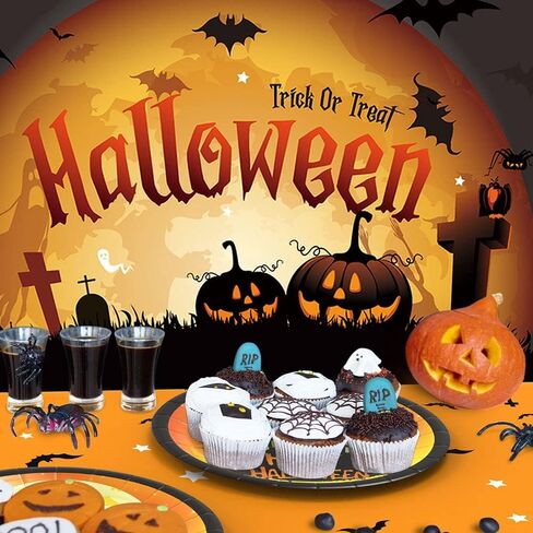 لوازم حفلات الهالوين تخدم 24، ديكورات حفلات الهالوين أحادية الاستخدام تتضمن أطباق هالوين ومناديل، مفرش مائدة، خلفية، ديكورات هالوين داخلية وخارجية in Kuwait