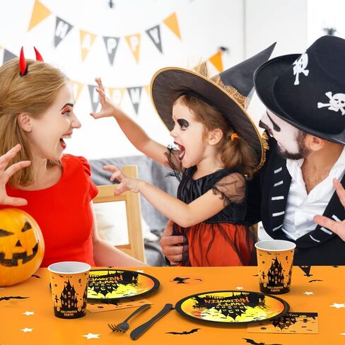 لوازم حفلات الهالوين تخدم 24، ديكورات حفلات الهالوين أحادية الاستخدام تتضمن أطباق هالوين ومناديل، مفرش مائدة، خلفية، ديكورات هالوين داخلية وخارجية in Kuwait