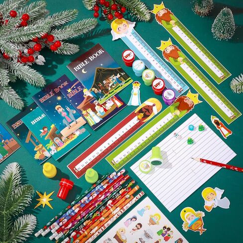 350 Pcs Christmas Stationery Party Favors Bulk Christmas Notebook Pencil Eraser Cards Ruler Treat Bags Stamp Stickers for Kids School Gift Exchange Classroom Games Prizes Events Supply (Classic) in Saudi Arabia