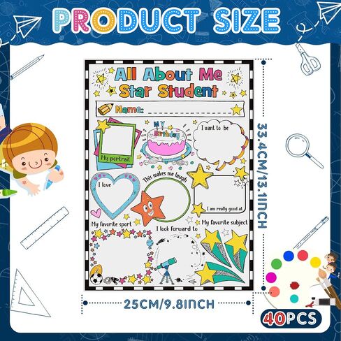 40 Packs All About Me Student Posters Star Student Poster All About Me First Day of School Poster to Fill in for School Classroom Supplies Elementary Kindergarten Students Kids, 13.39 x 10.24 Inches in Saudi Arabia