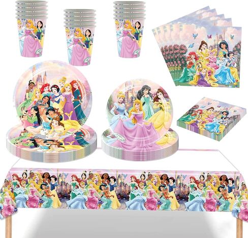 لوازم حفلات عيد ميلاد الاميرة، ادوات مائدة بلون زهري تتضمن اطباق واكواب ومناديل ومفرش طاولة لتزيين حفلات عيد ميلاد الاميرة وحفلات استقبال المولود (16 قطعة) in Kuwait