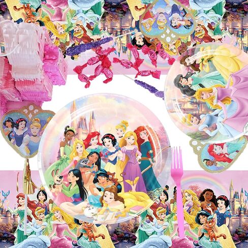 لوازم حفلات عيد ميلاد الاميرة، ادوات مائدة بلون زهري تتضمن اطباق واكواب ومناديل ومفرش طاولة لتزيين حفلات عيد ميلاد الاميرة وحفلات استقبال المولود (16 قطعة) in Kuwait