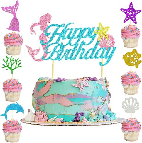 SMENGGIL حورية البحر عيد ميلاد كعكة القبعات العالية عيد ميلاد سعيد كعكة توبر نجم البحر قذيفة كب كيك القبعات العالية كعكة عيد ميلاد زينة لوازم للأطفال الفتيات تحت البحر حورية البحر الصغيرة تحت عنوان ديكور عيد ميلاد in Kuwait