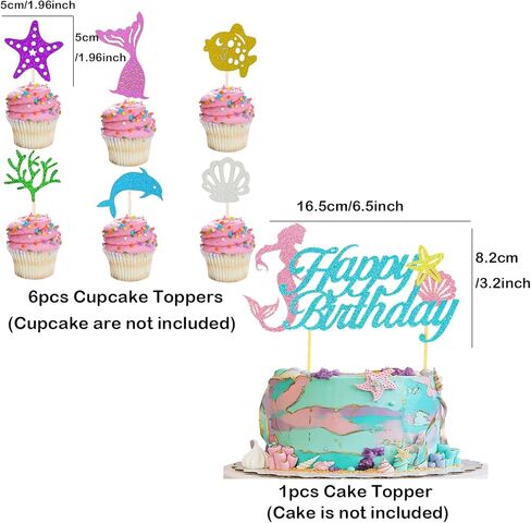 SMENGGIL حورية البحر عيد ميلاد كعكة القبعات العالية عيد ميلاد سعيد كعكة توبر نجم البحر قذيفة كب كيك القبعات العالية كعكة عيد ميلاد زينة لوازم للأطفال الفتيات تحت البحر حورية البحر الصغيرة تحت عنوان ديكور عيد ميلاد in Kuwait
