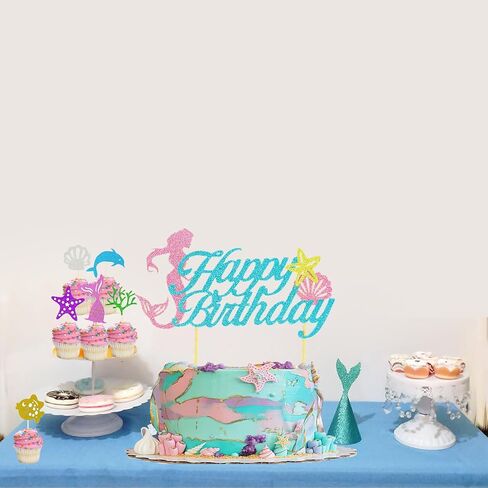 SMENGGIL حورية البحر عيد ميلاد كعكة القبعات العالية عيد ميلاد سعيد كعكة توبر نجم البحر قذيفة كب كيك القبعات العالية كعكة عيد ميلاد زينة لوازم للأطفال الفتيات تحت البحر حورية البحر الصغيرة تحت عنوان ديكور عيد ميلاد in Kuwait