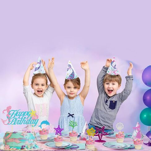 SMENGGIL حورية البحر عيد ميلاد كعكة القبعات العالية عيد ميلاد سعيد كعكة توبر نجم البحر قذيفة كب كيك القبعات العالية كعكة عيد ميلاد زينة لوازم للأطفال الفتيات تحت البحر حورية البحر الصغيرة تحت عنوان ديكور عيد ميلاد in Kuwait