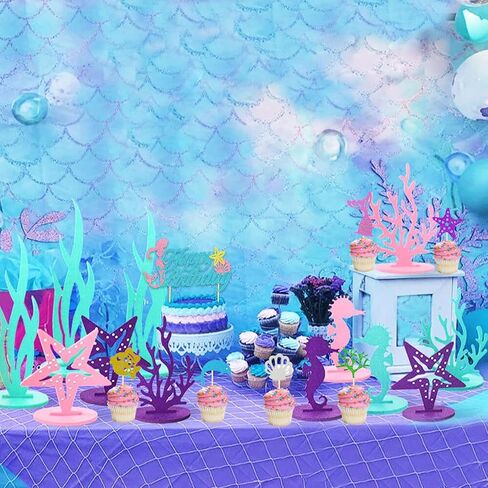 SMENGGIL حورية البحر عيد ميلاد كعكة القبعات العالية عيد ميلاد سعيد كعكة توبر نجم البحر قذيفة كب كيك القبعات العالية كعكة عيد ميلاد زينة لوازم للأطفال الفتيات تحت البحر حورية البحر الصغيرة تحت عنوان ديكور عيد ميلاد in Kuwait