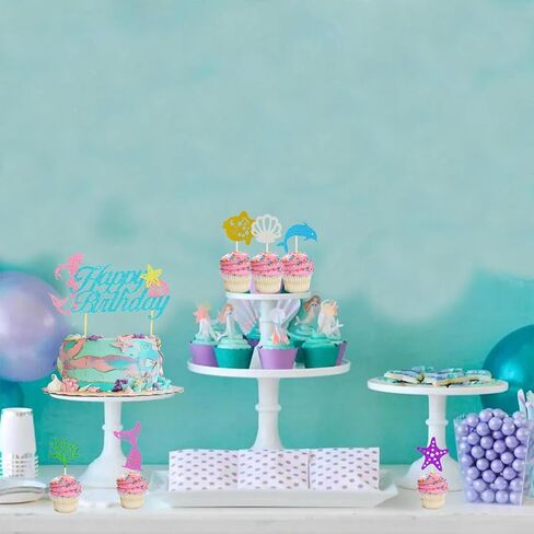 SMENGGIL حورية البحر عيد ميلاد كعكة القبعات العالية عيد ميلاد سعيد كعكة توبر نجم البحر قذيفة كب كيك القبعات العالية كعكة عيد ميلاد زينة لوازم للأطفال الفتيات تحت البحر حورية البحر الصغيرة تحت عنوان ديكور عيد ميلاد in Kuwait