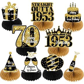 NICOWARM 9PCS 70th Birthday Decorations, Party Supplies Honeycomb Centerpieces for Women Men, Black Gold Vintage 1953 Aged to Perfection Centerpiece for Table Topper, 70 Years Old Birthday Table Sign Decor in Kuwait