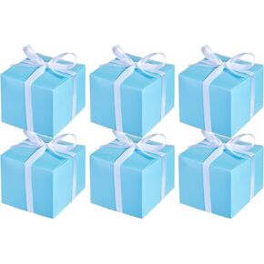 100 Pack Mini Small Blue Paper Gift Boxes with Lids and White Ribbons 3.5x3.5x2.75 Inches for Party Favors Treats, Tiny Baby Blue Gift Boxes for Wedding Bridal Shower Baby Shower Brithday Supplies