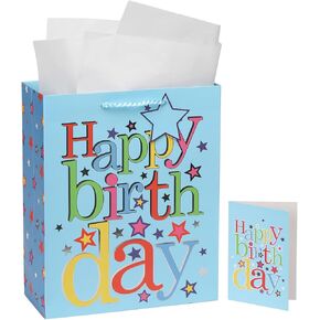 Fu HeaLer 13 Inches Blue Birthday Gift Bag Set, with Card & Tissue Paper,Perfect Party Favor for Any Celebration (1 Pack)