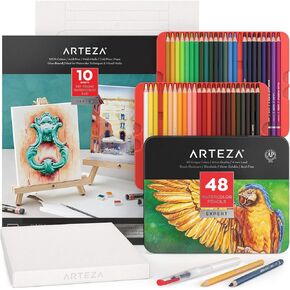 Arteza Watercolor Drawing Art Set, Woodless Watercolor Pencils 24 and Foldable Canvas Paper Bundle, DIY Kit, Art Supplies for Artists & Hobby Painters