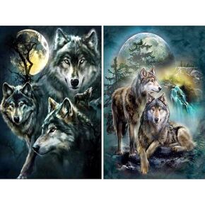 مجموعة طلاء ألماس من قطعتين 5D للمثقاب الكامل الذئاب، أطقم طلاء أحجار الراين الماسية من يونيم داي للبالغين والأطفال فنون الماسية الحرف 12 × 16 بوصة (مجموعات طلاء الماسي والقمر والذئب) in Kuwait