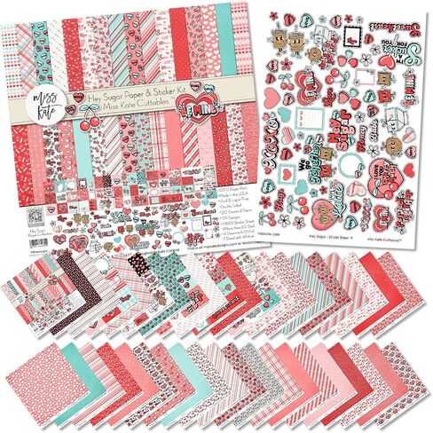 Miss Kate Cuttables Paper & Sticker Kit - Hey Sugar - for Valentines Day Love Engagement XOXO - 20 Double-Sided 12x12 Papers - 39 Designs & 1 8X12 Sticker Sheet - Scrapbooking Card Making Crafting in Saudi Arabia