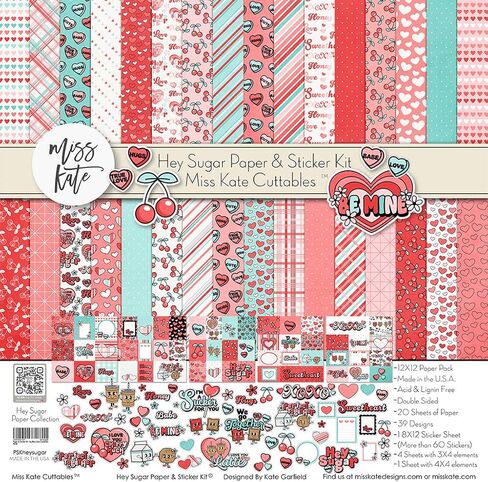 Miss Kate Cuttables Paper & Sticker Kit - Hey Sugar - for Valentines Day Love Engagement XOXO - 20 Double-Sided 12x12 Papers - 39 Designs & 1 8X12 Sticker Sheet - Scrapbooking Card Making Crafting in Saudi Arabia