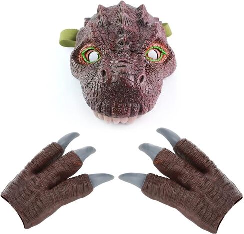 قناع الديناصورات 3 قطع وبدلة مخلب الديناصورات لملابس الديناصورات مستوحاة من فيلم العالم الجوراسي، نسيج ولون واقعيين (تاربوصور، L) in Kuwait