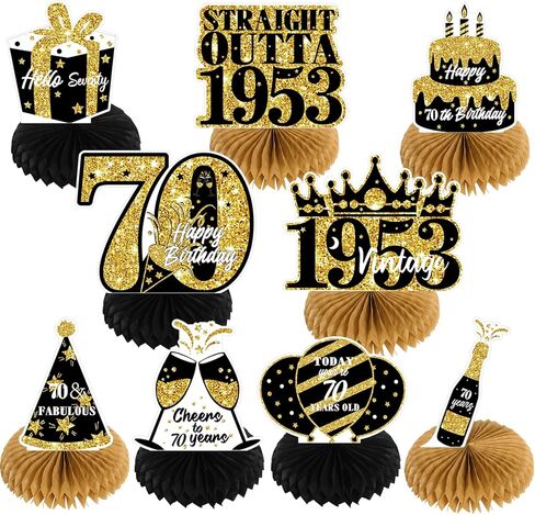 NICOWARM 9PCS 70th Birthday Decorations, Party Supplies Honeycomb Centerpieces for Women Men, Black Gold Vintage 1953 Aged to Perfection Centerpiece for Table Topper, 70 Years Old Birthday Table Sign Decor in Kuwait