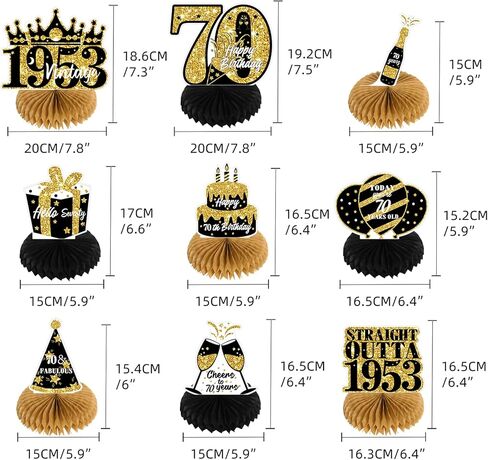 NICOWARM 9PCS 70th Birthday Decorations, Party Supplies Honeycomb Centerpieces for Women Men, Black Gold Vintage 1953 Aged to Perfection Centerpiece for Table Topper, 70 Years Old Birthday Table Sign Decor in Kuwait