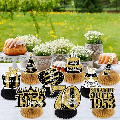 NICOWARM 9PCS 70th Birthday Decorations, Party Supplies Honeycomb Centerpieces for Women Men, Black Gold Vintage 1953 Aged to Perfection Centerpiece for Table Topper, 70 Years Old Birthday Table Sign Decor in Kuwait