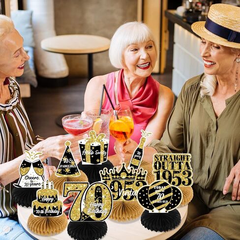 NICOWARM 9PCS 70th Birthday Decorations, Party Supplies Honeycomb Centerpieces for Women Men, Black Gold Vintage 1953 Aged to Perfection Centerpiece for Table Topper, 70 Years Old Birthday Table Sign Decor in Kuwait