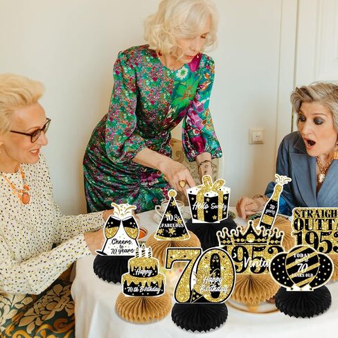 NICOWARM 9PCS 70th Birthday Decorations, Party Supplies Honeycomb Centerpieces for Women Men, Black Gold Vintage 1953 Aged to Perfection Centerpiece for Table Topper, 70 Years Old Birthday Table Sign Decor in Kuwait