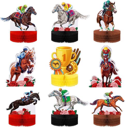 9 Pcs Kentucky Horsing Racing Derby Decorations Horse Racing Honeycomb Centerpieces Kentucky Horse Derby Party Supplies 3D Horse Birthday Party Table Decor Baby Shower Derby Plates Birthday Party in Saudi Arabia