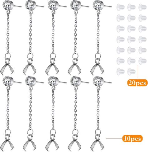 10pcs Hypoallergenic Rhinestone Earring Studs Stainless Steel Earring Posts with Bead Chains and Pinch Clasps, 20pcs Clear Bullet Earring Backs for DIY Jewelry Making Supplies in Kuwait