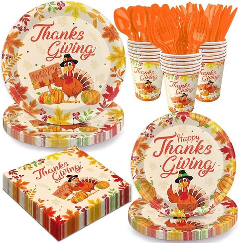 مجموعة أويجكو 144 قطعة من لوازم حفلات عيد الشكر، مجموعة مناديل أطباق حفلات الخريف والقرع الديك الرومي بما في ذلك أطباق الحلوى والمناديل لديكورات حفلات الأصدقاء تكفي 48 قطعة in Kuwait