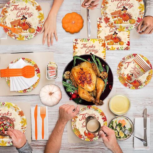 مجموعة أويجكو 144 قطعة من لوازم حفلات عيد الشكر، مجموعة مناديل أطباق حفلات الخريف والقرع الديك الرومي بما في ذلك أطباق الحلوى والمناديل لديكورات حفلات الأصدقاء تكفي 48 قطعة in Kuwait