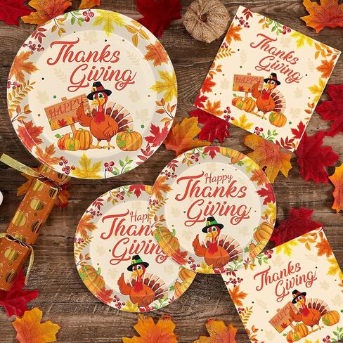 مجموعة أويجكو 144 قطعة من لوازم حفلات عيد الشكر، مجموعة مناديل أطباق حفلات الخريف والقرع الديك الرومي بما في ذلك أطباق الحلوى والمناديل لديكورات حفلات الأصدقاء تكفي 48 قطعة in Kuwait
