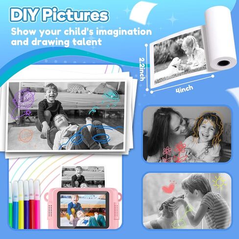 Anchioo ألعاب الكاميرا المطبوعة الفورية للأطفال الصغار الذين تتراوح أعمارهم بين 3-8 سنوات، هدايا عيد ميلاد للأولاد والبنات مع تسجيل فيديو عالي الدقة 1080 بكسل، لعبة سفر إلكترونية بكاميرا سيلفي رقمية للأطفال مع ورق صور 6 أقلام ألوان - أزرق in Kuwait
