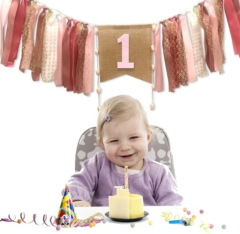 1st Birthday Banner For Baby, AULEGE First Birthday High Chair Banner, Party Theme Pull Flag for Baby 1st Birthday Party Supplies, Coral Pink in Saudi Arabia