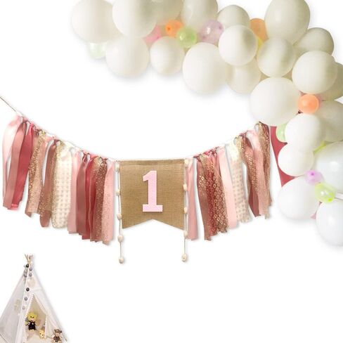 1st Birthday Banner For Baby, AULEGE First Birthday High Chair Banner, Party Theme Pull Flag for Baby 1st Birthday Party Supplies, Coral Pink in Saudi Arabia